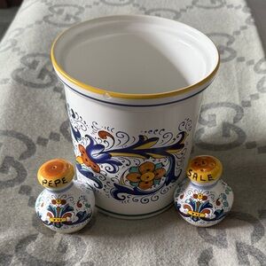 Sur La Table Ceramic Vase and Shaker Set with Blue and Yellow Accents